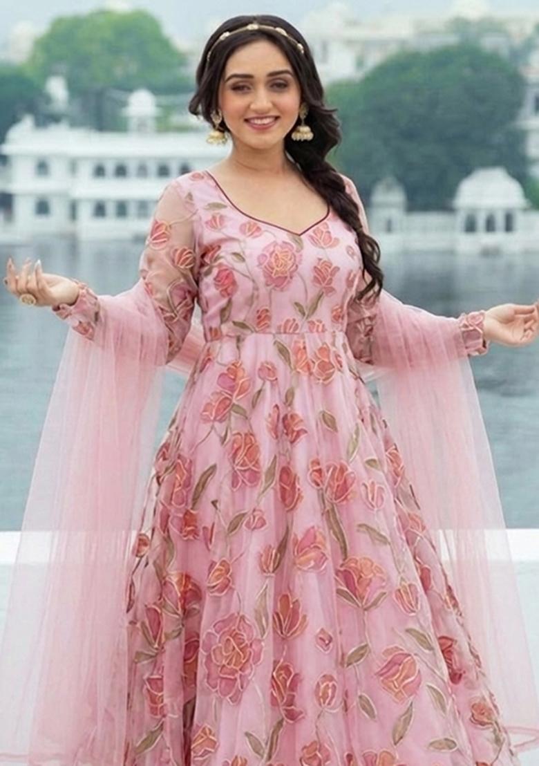Baby Pink Embroidered Organza Anarkali with Dupatta - Indya