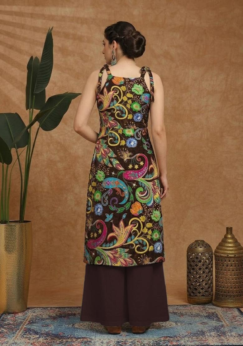 Dark Brown Printed Crepe Fusion Set - Indya