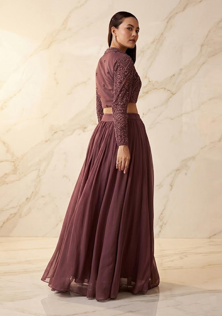 Mauve Purple Embroidered Handwork Fusion Set - Indya