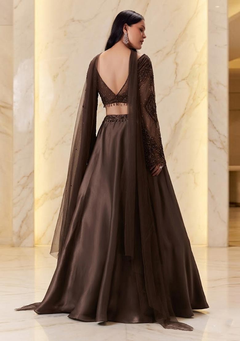 Chocolate Brown Embroidered Handwork Lehenga Set - Indya