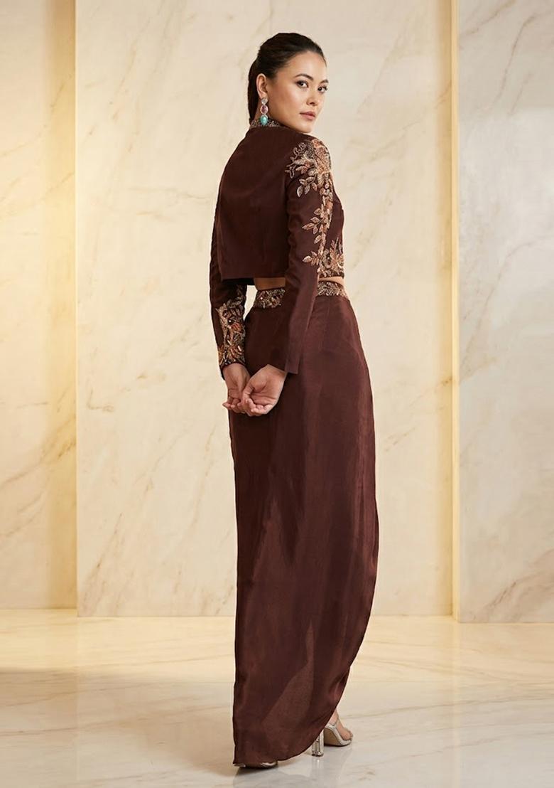 Dark Brown Embroidered Handwork Fusion Set - Indya