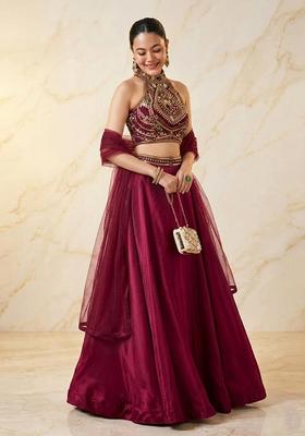 Wine Magenta Embroidered Handwork Lehenga Set