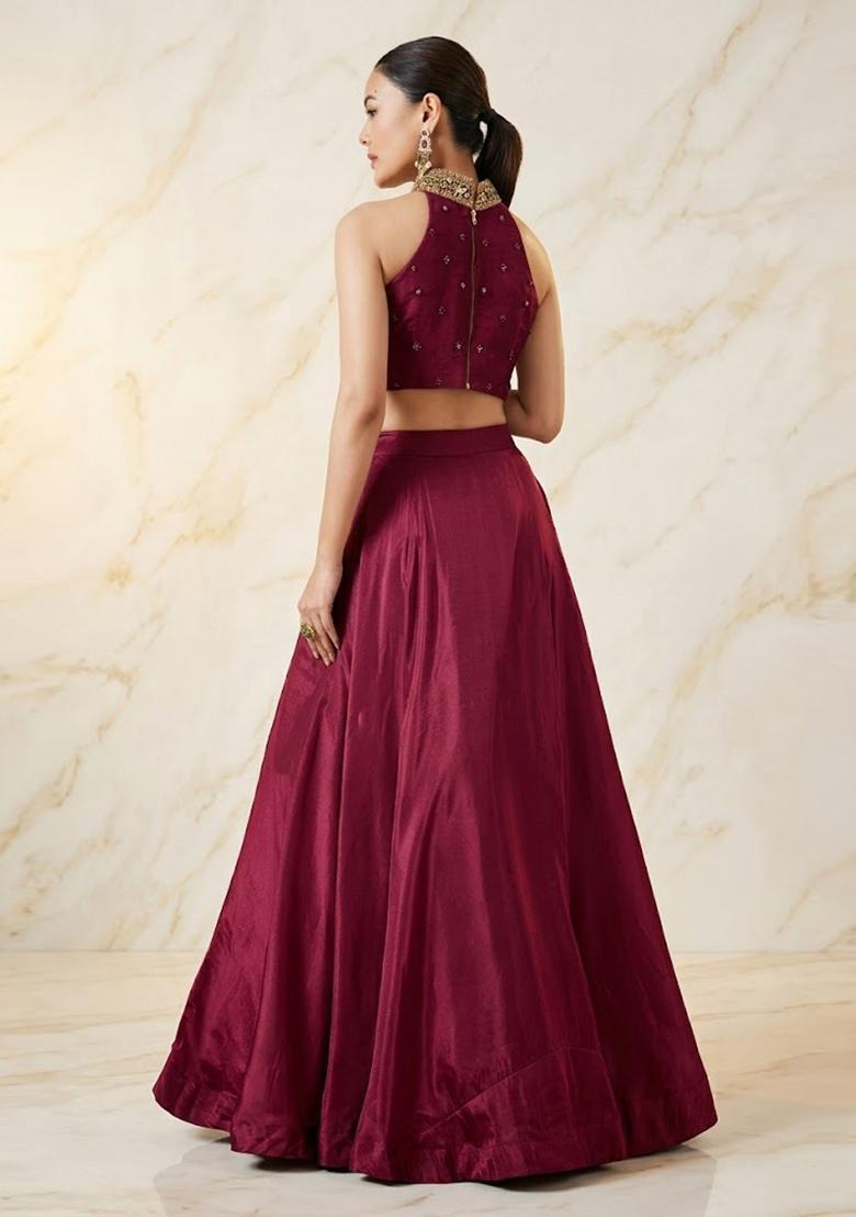Wine Magenta Embroidered Handwork Lehenga Set - Indya