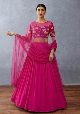 Hot Pink Printed Chinon Lehenga Set