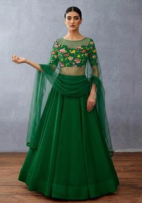Bottle Green Printed Chinon Lehenga Set