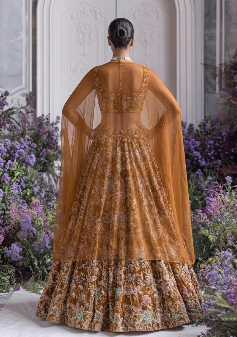 Rust Printed Crepe Lehenga Set - Indya