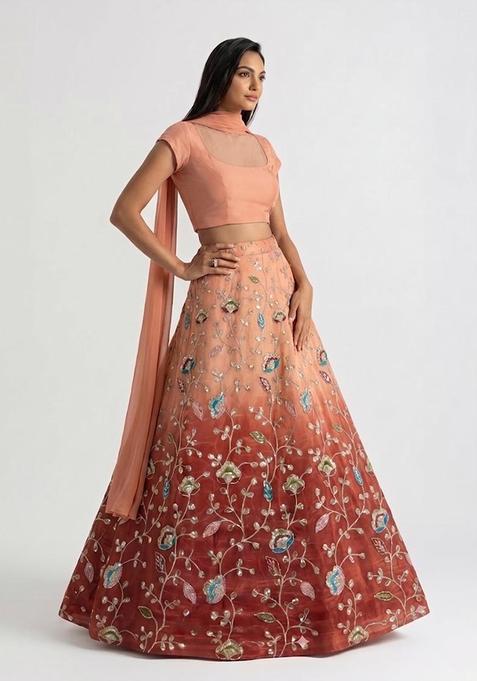 Ombre Peach Sequin Silk Blend Lehenga Set