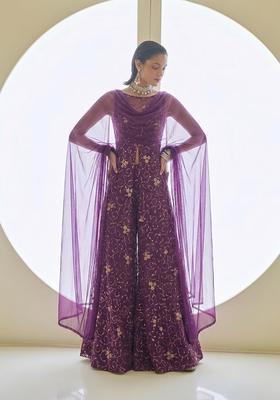 Magenta Purple Embroidered Net Sharara Set