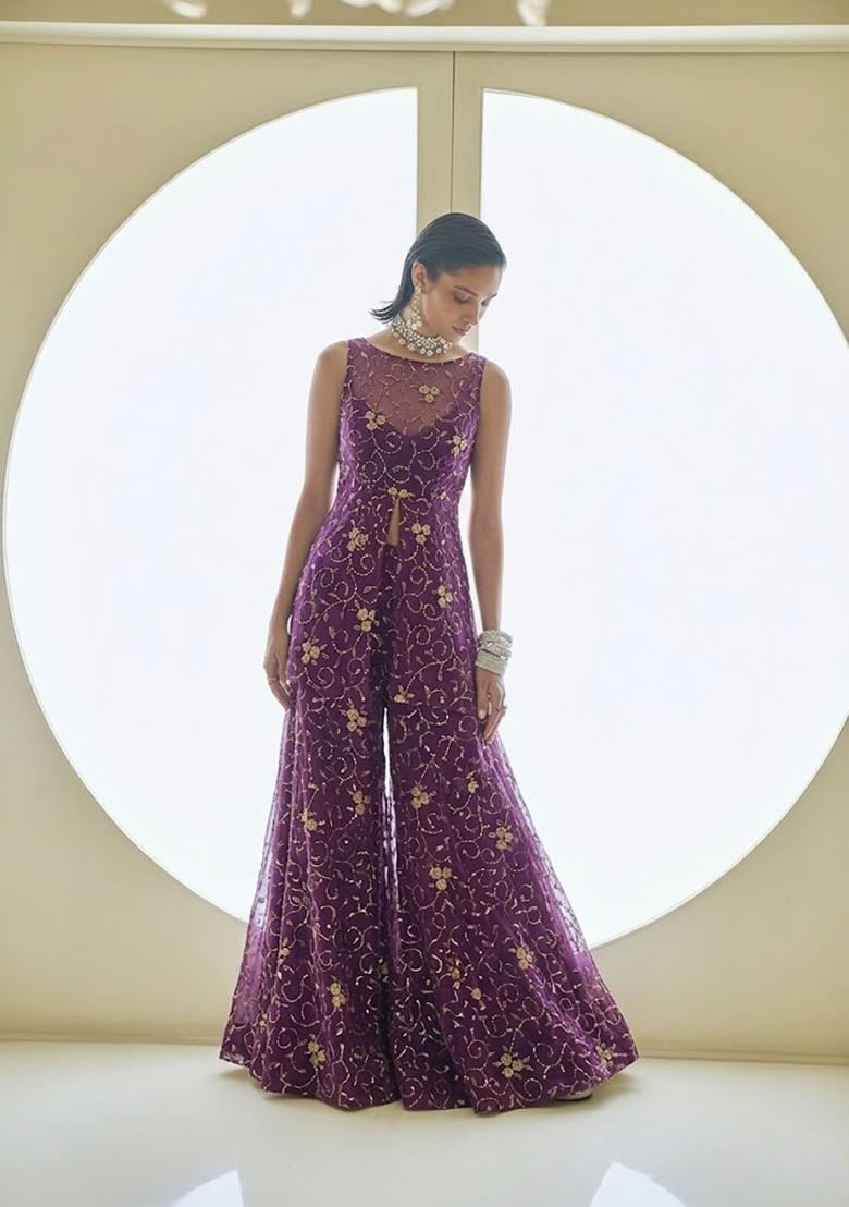 Magenta Purple Embroidered Net Sharara Set - Indya