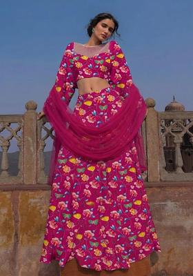 Hot Pink Printed Chinon Lehenga Set