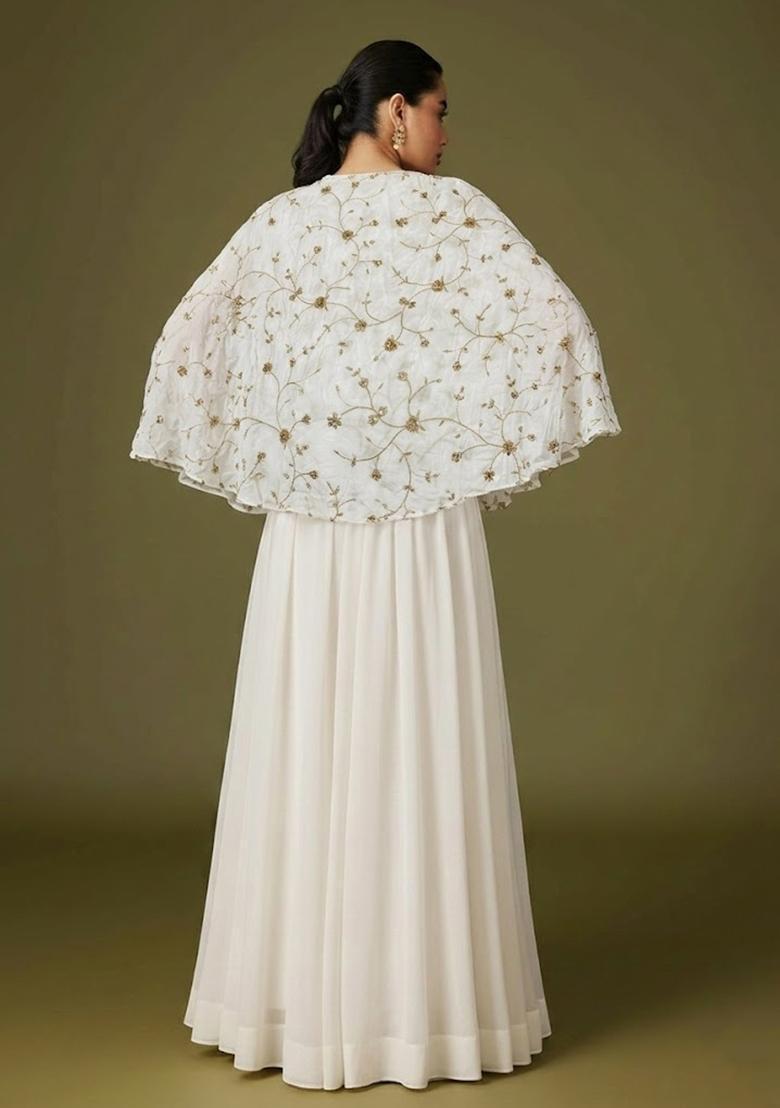 White Embroidered Crepe Lehenga Set - Indya