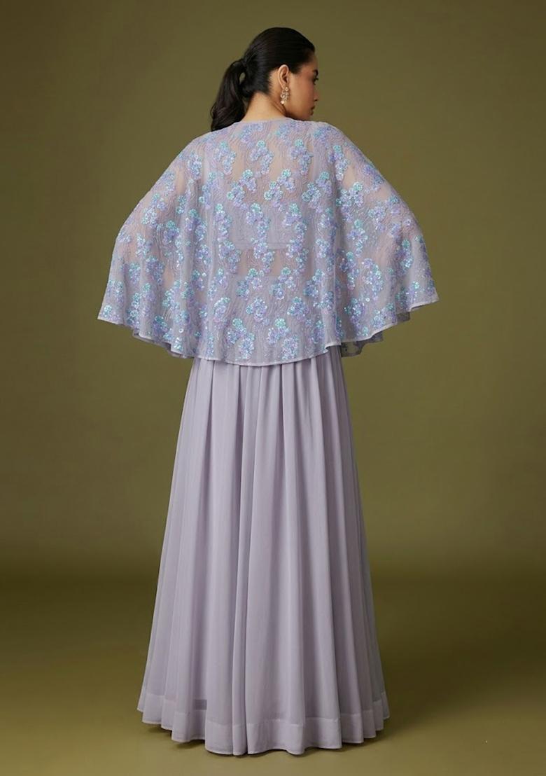 Pastel Blue Embroidered Net Lehenga Set - Indya