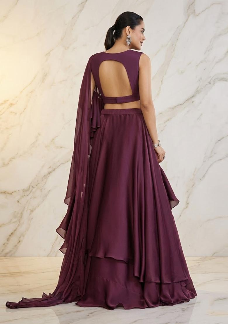 Plum Purple Embroidered Handwork Lehenga Set - Indya
