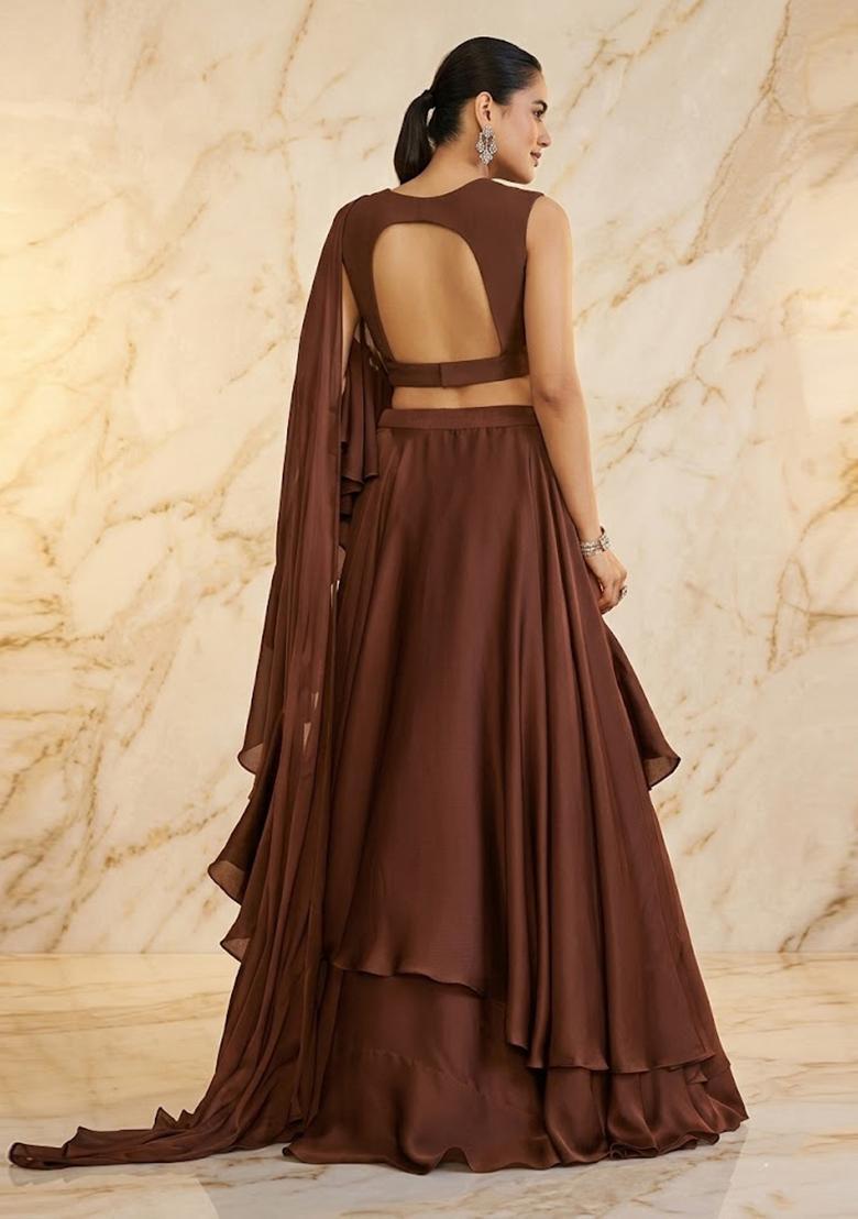 Chocolate Brown Embroidered Handwork Lehenga Set - Indya