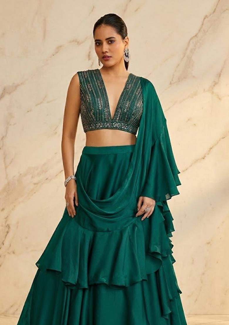 Emerald Green Embroidered Handwork Lehenga Set - Indya