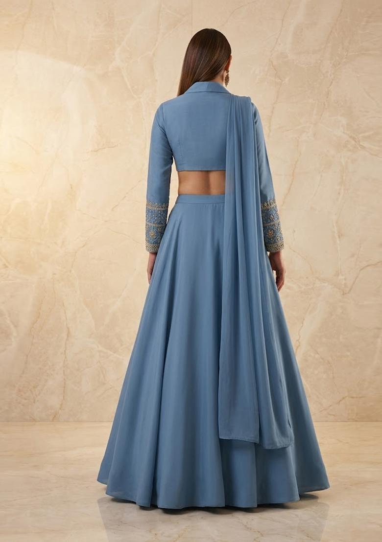 Dusty Blue Embroidered Handwork Lehenga Set - Indya