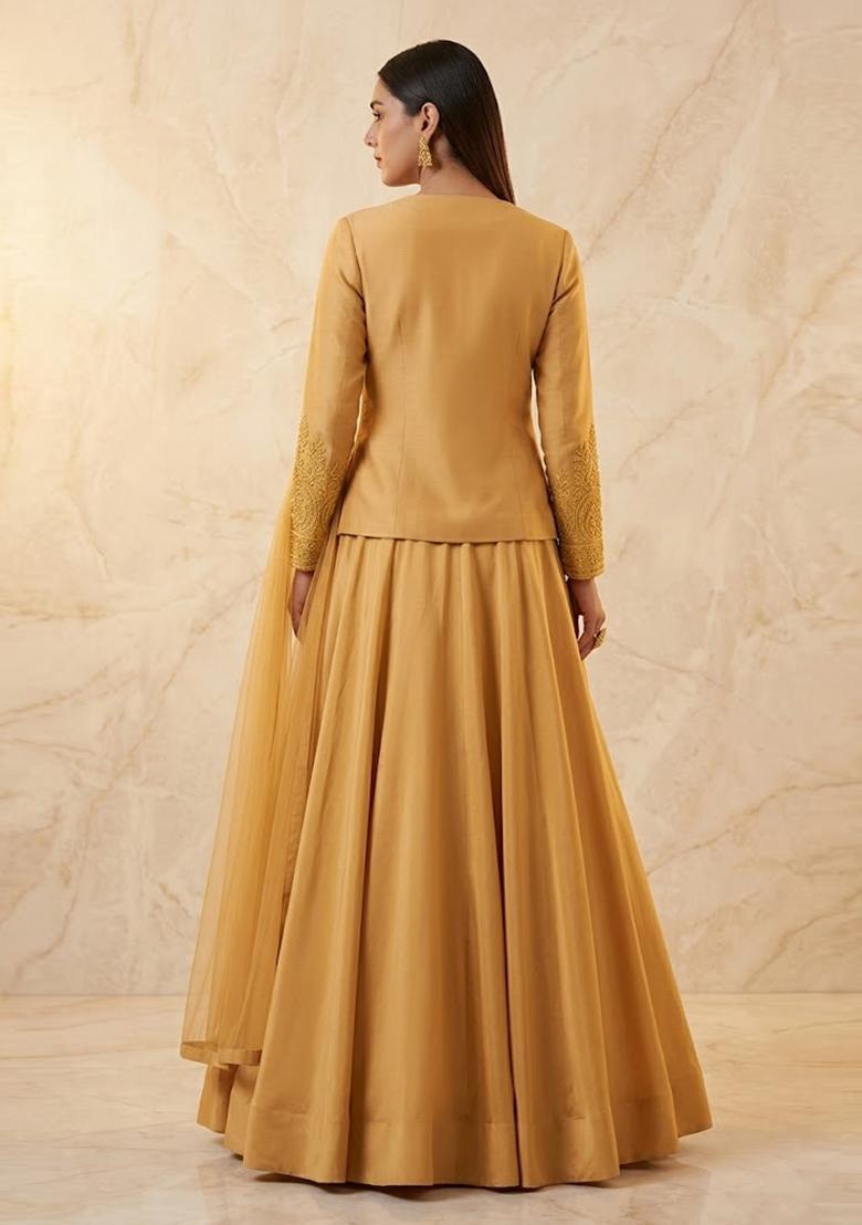Mustard Yellow Embroidered Handwork Lehenga Set - Indya