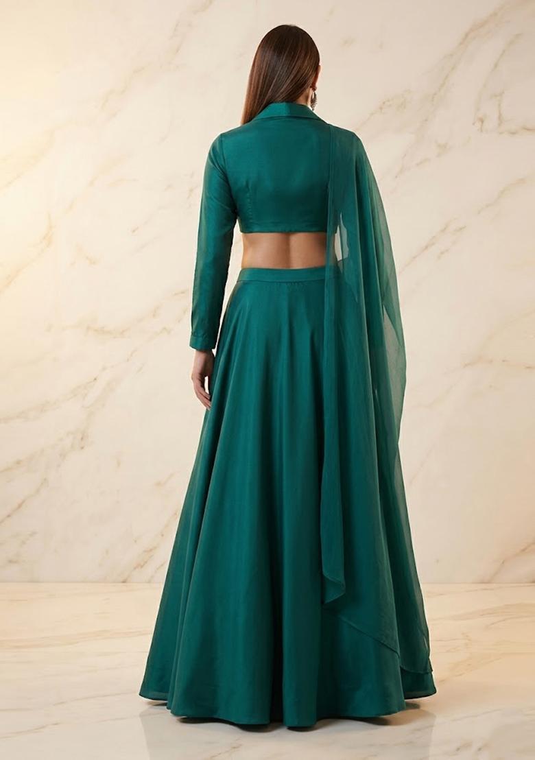 Teal Green Embroidered Handwork Lehenga Set - Indya