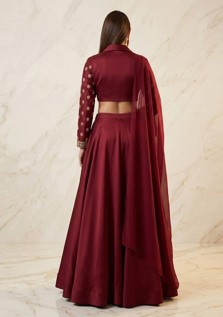 Deep Red Embroidered Handwork Lehenga Set - Indya