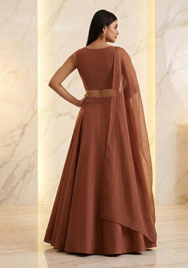 Rust Brown Embroidered Handwork Lehenga Set - Indya
