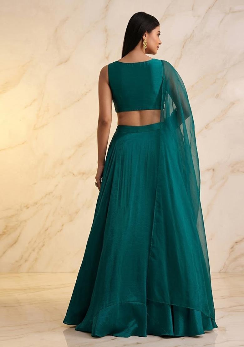 Teal Green Embroidered Handwork Lehenga Set - Indya