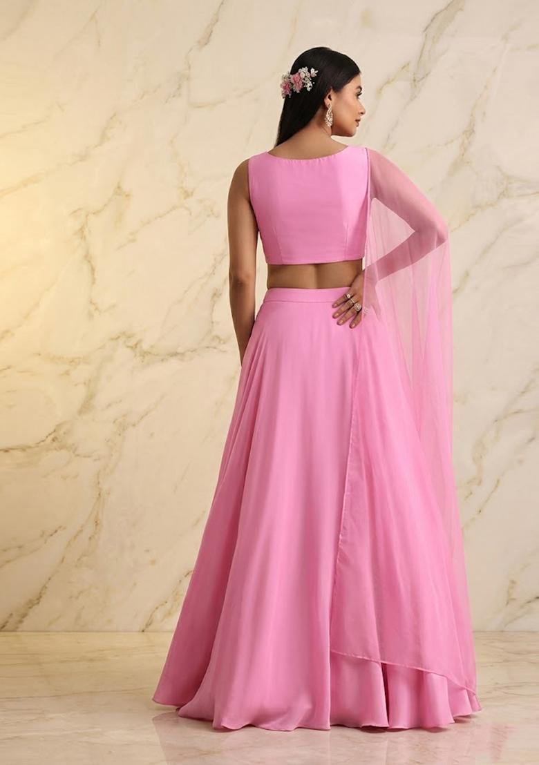 Pink Embroidered Handwork Lehenga Set - Indya