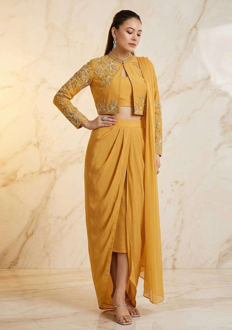 Golden Yellow Embroidered Handwork Fusion Set - Indya