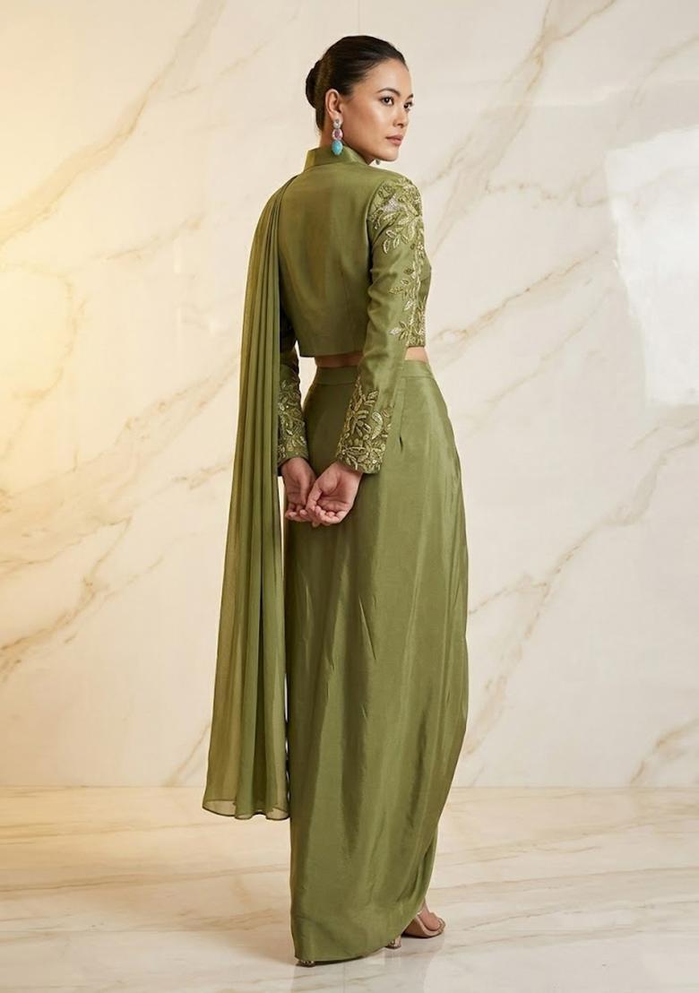 Olive Green Embroidered Handwork Fusion Set - Indya