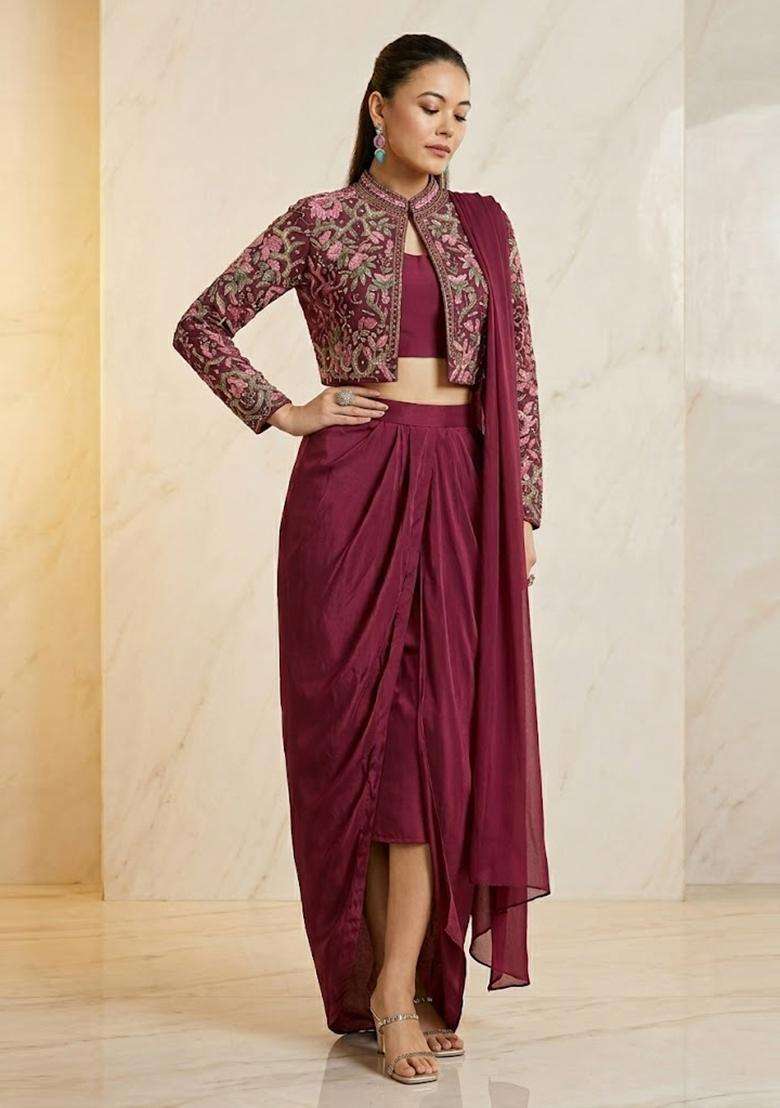 Maroon Embroidered Handwork Fusion Set - Indya