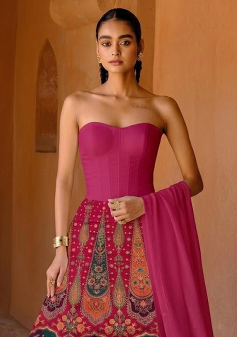 Hot Pink Embroidered Crepe Lehenga Set - Indya