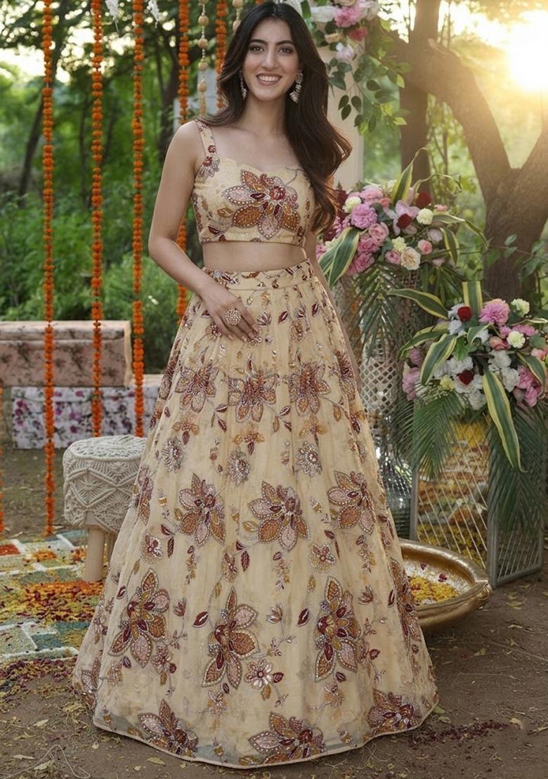 Cream Printed Organza Lehenga Set - Indya
