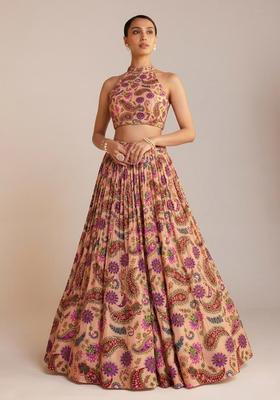 Peach Printed Crepe Lehenga Set