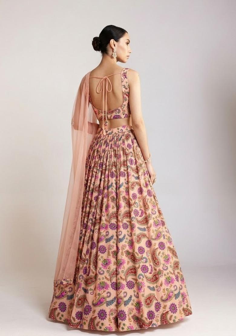 Peach Printed Crepe Lehenga Set - Indya