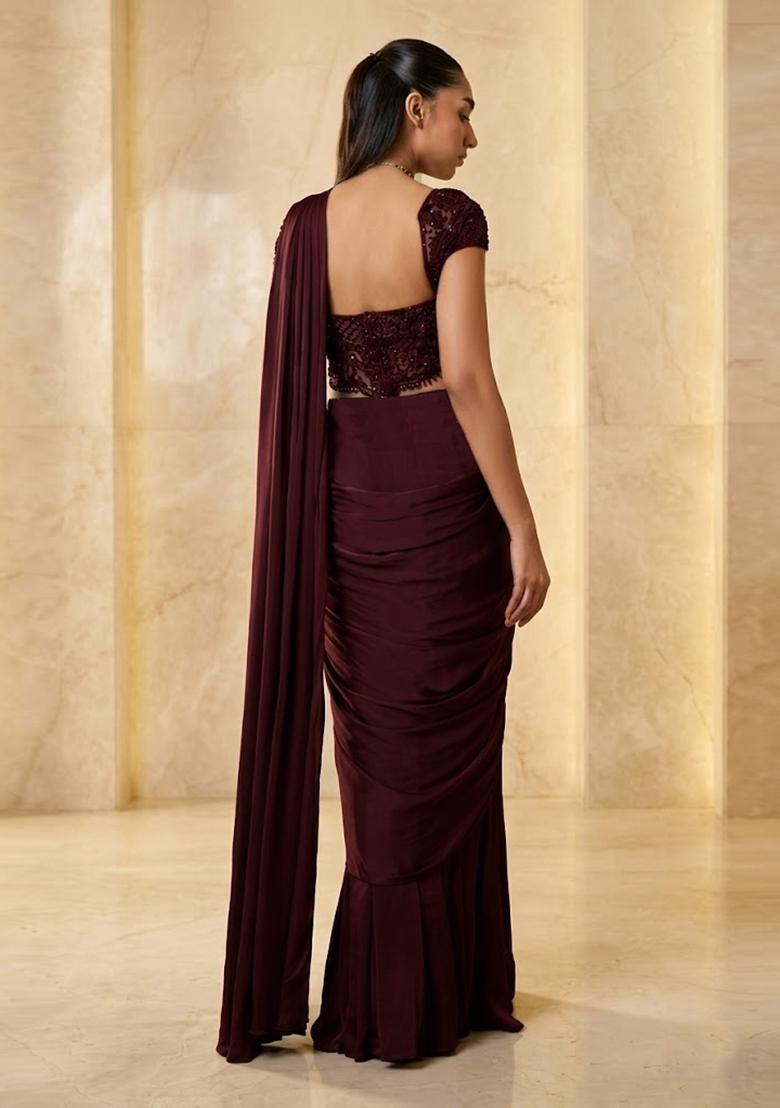 Maroon Red Embroidered Handwork Pre Draped Saree Set - Indya