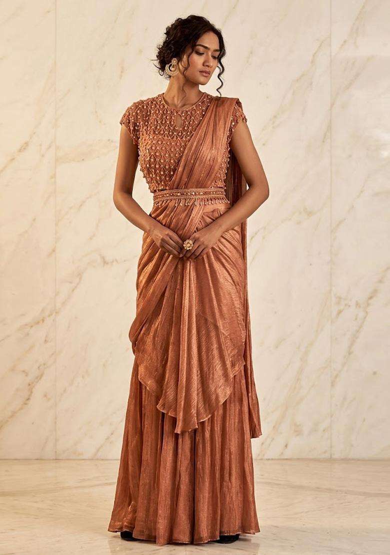 Rose Gold Brown Embroidered Handwork Pre Draped Saree Set - Indya