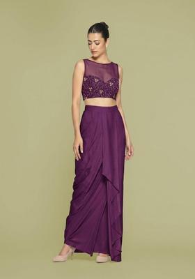 Plum Embroidered Net Fusion Set