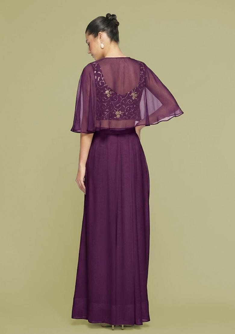 Plum Embroidered Net Fusion Set - Indya