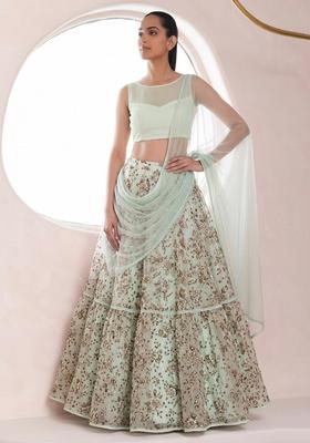 Mint Green Printed Crepe Lehenga Set
