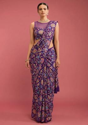 Royal Purple Printed Chanderi Pre Draped Saree Set
