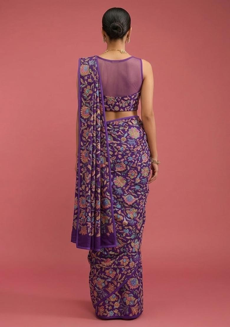 Royal Purple Printed Chanderi Pre Draped Saree Set - Indya