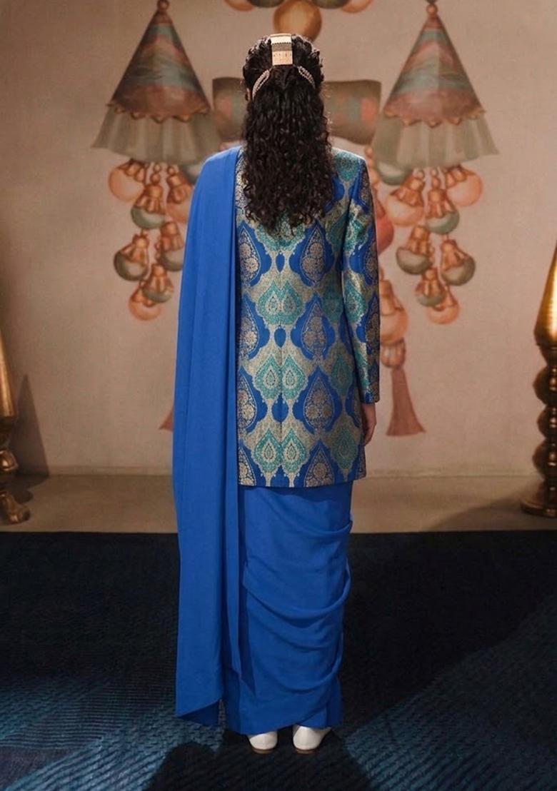 Royal Blue Printed Jacquard Pre Draped Saree Set - Indya