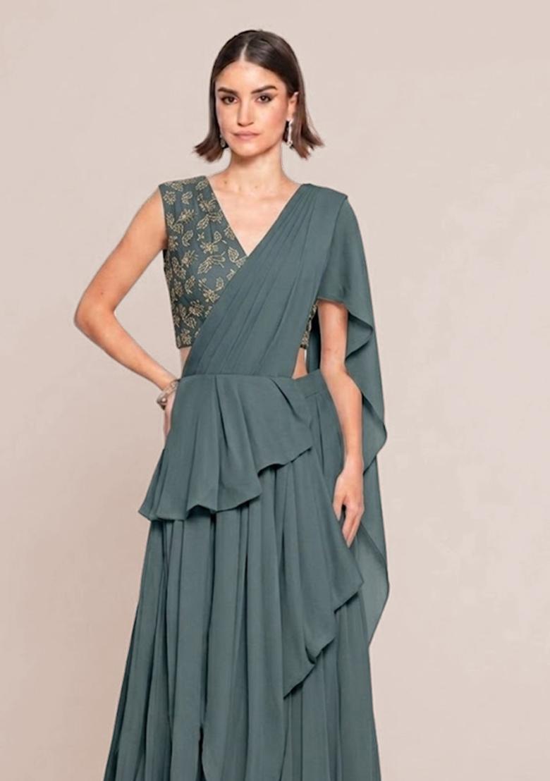 Teal Grey Embroidered Net Pre Draped Saree Set - Indya