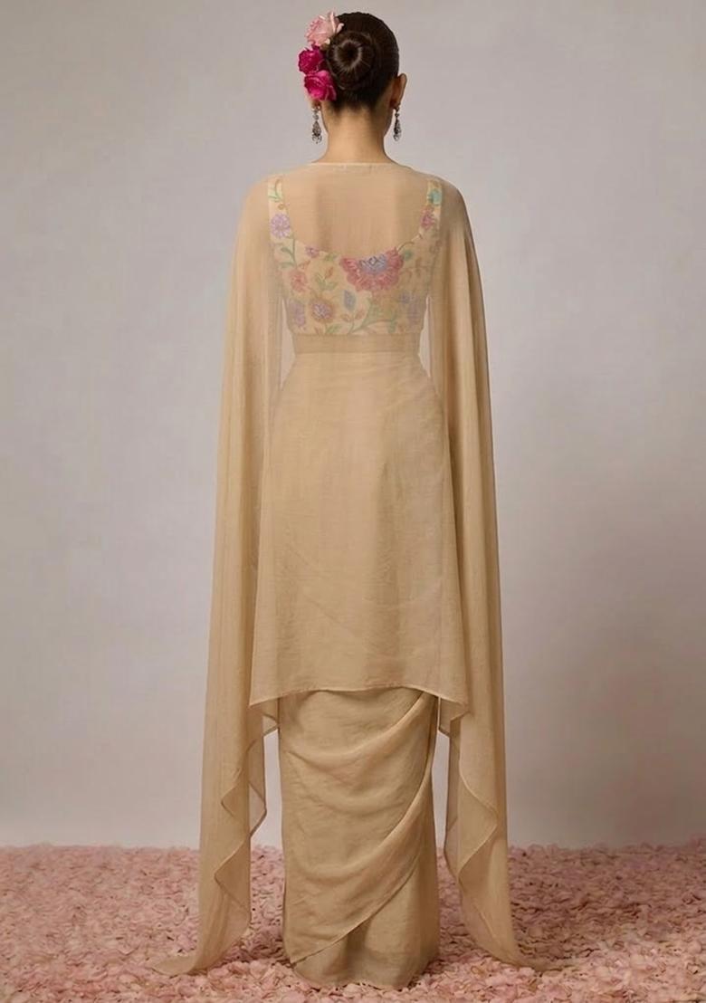 Sand Beige Printed Crepe Fusion Set - Indya