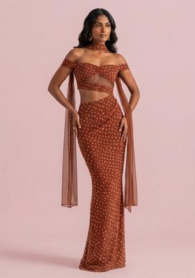 Brown Printed Crepe Fusion Set