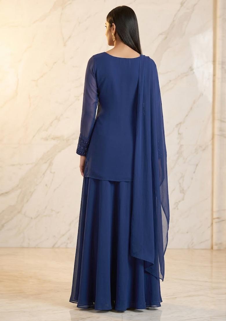 Royal Blue Handwork Sharara Set - Indya