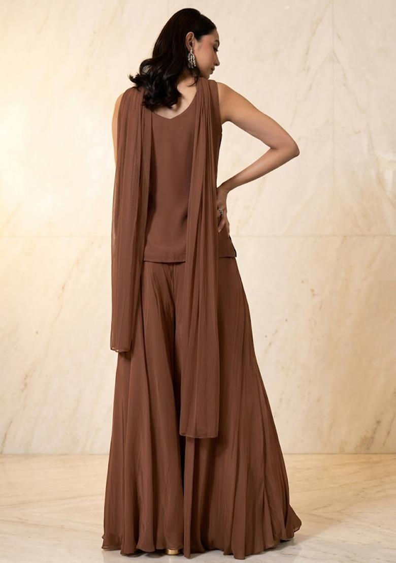 Chocolate Brown Handwork Sharara Set - Indya