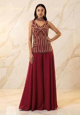 Deep Wine Handwork Sharara Set