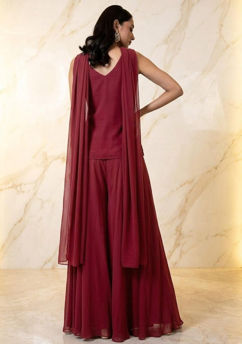 Deep Wine Handwork Sharara Set - Indya