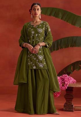 Olive Green Embroidered Silk Blend Sharara Set