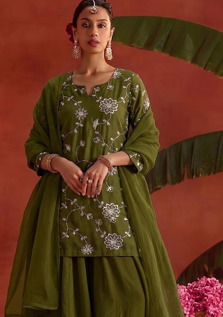 Olive Green Embroidered Silk Blend Sharara Set - Indya